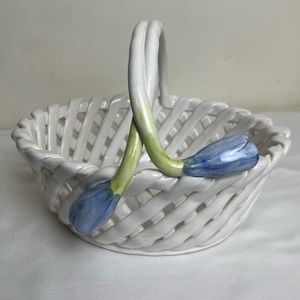 Hand Painted Ceramic Woven Basket with Blue Tulips.